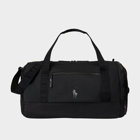 Ralph Lauren Pony Logo Trim Duffel Bag in black with silver Pony logo, top handles, front zip pocket, and adjustable shoulder strap