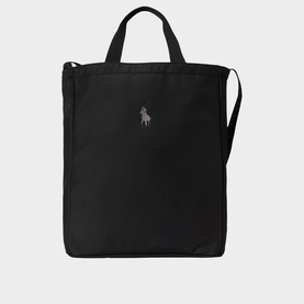 Ralph Lauren black canvas tote bag with silver polo pony emblem, short top handles and detachable crossbody strap