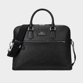 Polo Ralph Lauren black pebbled leather briefcase with silver-tone hardware, dual top handles, front zip pocket, and adjustable crossbody strap