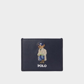 Ralph Lauren Newport Navy leather cardholder with embroidered Polo Bear graphic and POLO lettering on front