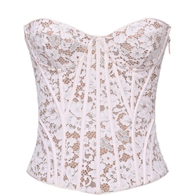 House of CB Solaine Floral Boned Corset Top in pink lace, boned structure, adjustable tie detail, side zip fastening
