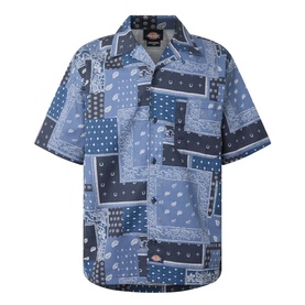 Dickies dark navy bandana patchwork short-sleeve casual shirt in lyocell-cotton blend, displayed flat on white background