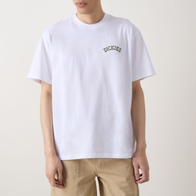 Model wearing Dickies Bettsville Logo T-Shirt in white. Crew neck, short sleeves, small chest logo. Styled with beige trousers.