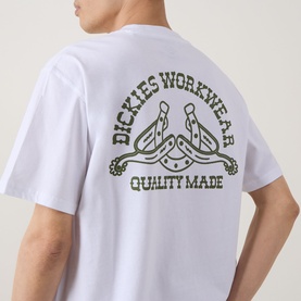 Model wearing Dickies Bettsville Logo T-Shirt in white, showing back graphic with Dickies Workwear Quality Made logo print in olive green.