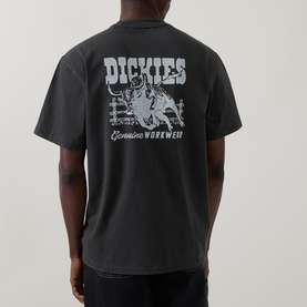 Model wearing Dickies Buchtell Logo T-Shirt in Black, showing back graphic with Dickies Genuine Workwear print, crew neck, short sleeves