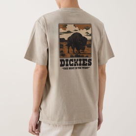 Model wearing Dickies Darrtown Logo T-Shirt in Eucalyptus, back view showing bison western graphic print and logo detail.