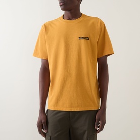 Model wearing Dickies Crew Neck T in Sunflower yellow with contrast chest logo, styled with khaki trousers.