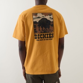Model wearing Dickies Crew Neck T in Sunflower, showing back graphic of bison with "The Best In The West" slogan.