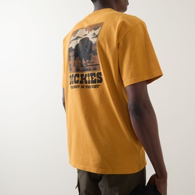 Model wearing Dickies Crew Neck T in Sunflower, back view showing graphic and logo print, styled with olive cargo trousers.