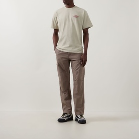 Model wearing Dickies Millville Logo T-Shirt in Eucalyptus, styled with taupe cargo trousers and multicolour trainers.