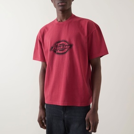 Model wearing Dickies Garnet Crew Neck T-shirt with chest logo graphic, styled with grey jeans.