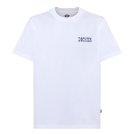 Dickies white crew neck T-shirt with blue logo print on chest, short sleeves, 100% cotton