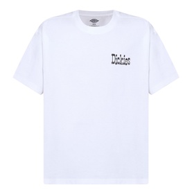Dickies white crew neck T-shirt with small black gothic-style logo print on chest, short sleeves, relaxed fit.