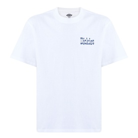 Dickies white crew neck T-shirt with small blue graphic logo print on chest, short sleeves, relaxed fit