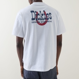 Model wearing Dickies white crew neck T-shirt, back view showing Dickies Genuine Workwear graphic print in navy and red.