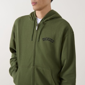 Model wearing Dickies Bettsville Logo Zip Hoodie in Cypress, showing embroidered chest logo, zip front, and hood with drawstring.