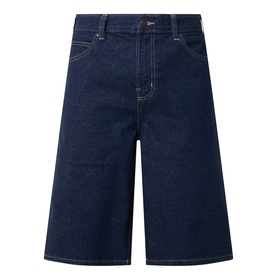Dickies rinsed denim shorts in dark indigo, five-pocket style with contrast stitching and wide-leg cut