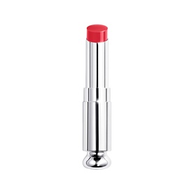 DIOR Addict Glass Lipstick Ultra-Shine Hydrating Lip Gloss Stick Refill in coral-pink, silver bullet casing, cap removed