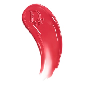 DIOR Addict Glass Lipstick Ultra-Shine Lip Gloss Stick Refill swatch showing vivid red-pink glossy texture with embossed Dior logo