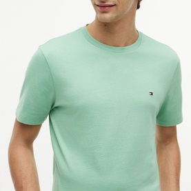 Model wearing Tommy Hilfiger crew neck T-shirt in Cut Grass green with signature flag logo embroidery on chest