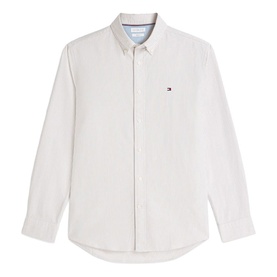 Tommy Hilfiger men's Coastal Taupe stripe long-sleeve shirt, button-down collar, chest logo embroidery, curved hem.