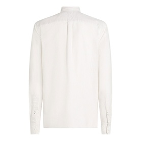 Tommy Hilfiger men's Coastal Taupe stripe long-sleeve shirt, back view showing pleat detail and button cuffs