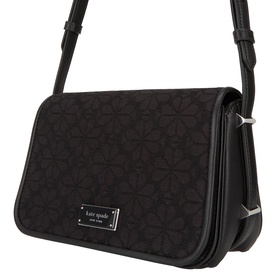Kate Spade black multi crossbody bag with monogram jacquard flap, silver-tone hardware, and adjustable shoulder strap