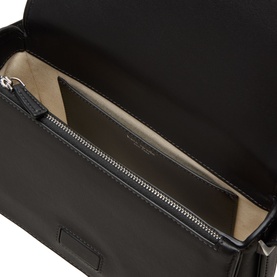 Kate Spade black multi crossbody bag, open top view showing interior zip pocket and beige lining, silver-tone hardware