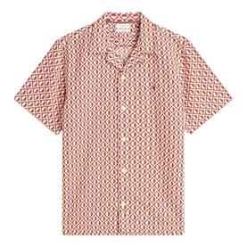 Tommy Hilfiger short-sleeve camp collar shirt in rusty ochre allover geometric print, button-front, relaxed fit