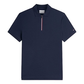 Tommy Hilfiger navy blue men's polo shirt with quarter-zip placket, short sleeves, and signature red and white zip detail.
