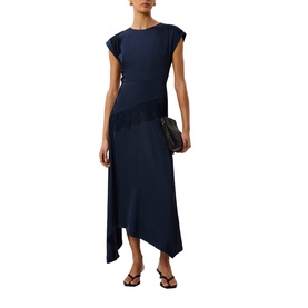 Model wearing Whistles blue asymmetric midi dress with cap sleeves and ruched detail, styled with black strappy sandals and clutch bag