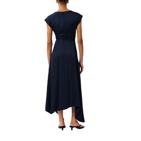 Model wearing Whistles blue midi dress with cap sleeves, V-neckline, belted waist, and asymmetric hem, styled with black heeled mules.
