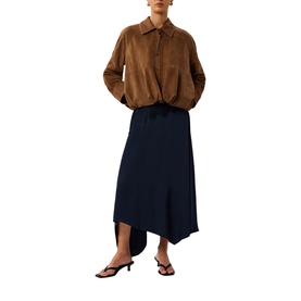 Model wearing Whistles blue asymmetric midi skirt with tan suede-effect cropped shirt and black strappy heeled sandals.