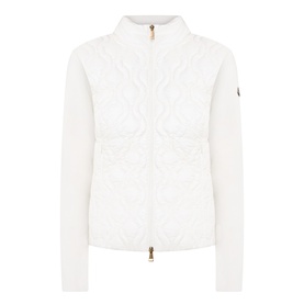 Moncler natural cardigan with quilted padded front panel, ribbed knit sleeves, zip fastening, and gold-tone hardware