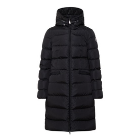 Moncler black longline quilted down coat with detachable hood, front zip fastening and side pockets