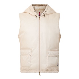 Moncler beige padded gilet with hood, zip front, patch pockets, and gold-tone hardware detail