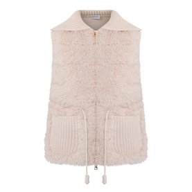 Moncler beige gilet with shearling-effect texture, ribbed patch pockets, zip fastening, and spread collar