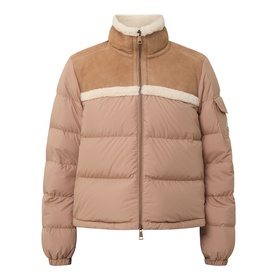 Moncler brown puffer jacket with suede and shearling panels, zip front, ribbed cuffs, and sleeve badge detail