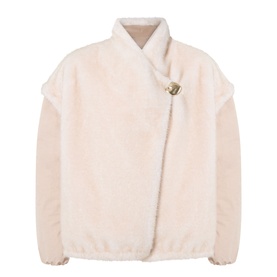 Moncler beige faux shearling jacket with contrast sleeves, asymmetric front, and gold-tone clasp fastening