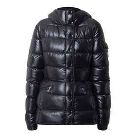 Moncler black high-shine padded jacket with hood, snap-button fastening, zip pockets, and quilted panelling