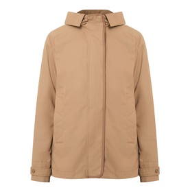 Moncler brown hooded jacket in cotton-polyamide blend with zip fastening, snap-button cuffs, and clean minimalist design.