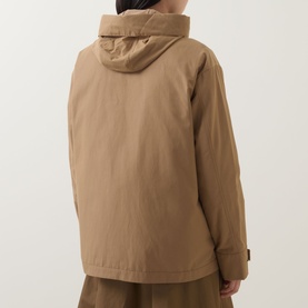 Model wearing Moncler brown hooded jacket, rear view, relaxed fit with button cuffs, styled with wide-leg trousers