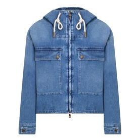 Moncler blue denim hooded jacket with zip fastening, drawstring hood, and chest patch pockets