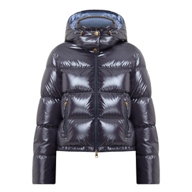 Moncler Niveole Glossy Down Jacket in navy, boudin quilted with detachable hood, gold-tone zip fastening and zipped side pockets