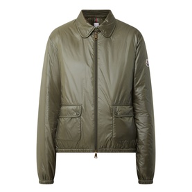 Moncler olive padded jacket with collar, zip front, flap pockets, and logo arm badge. Lightweight ripstop finish.
