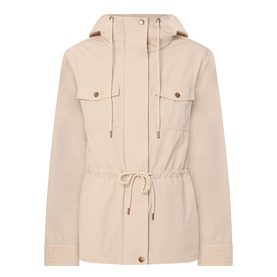 Moncler beige hooded utility jacket with drawstring waist, chest pockets, and gold-tone hardware, in cotton-polyester blend