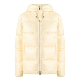Moncler light yellow quilted hooded down jacket with zip fastening and padded channels