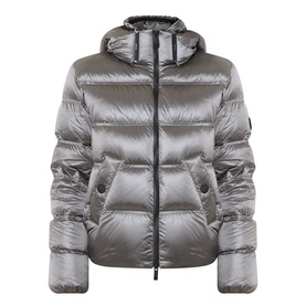 Moncler dark grey quilted hooded puffer jacket with zip fastening, high-shine polyamide shell and drawstring hood