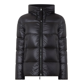 Moncler black puffer jacket with hood, zip fastening, quilted panels, and high-shine finish