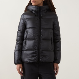 Model wearing Moncler black quilted hooded puffer jacket with zip fastening and glossy finish
